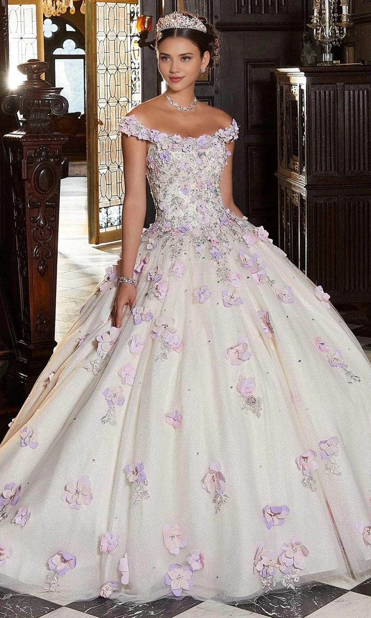 Glitter Ball Gown Off‑Shoulder Sweetheart Short Sleeve Lace‑Up Back Train Length 3D Floral Quinceanera Dress