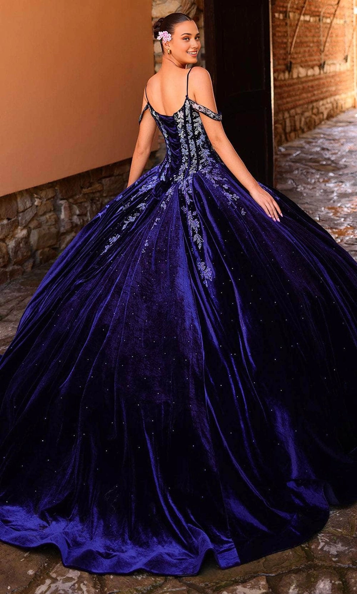 Vedress deep purple velvet quinceanera ball gown lace‑up corset back long train dress back view