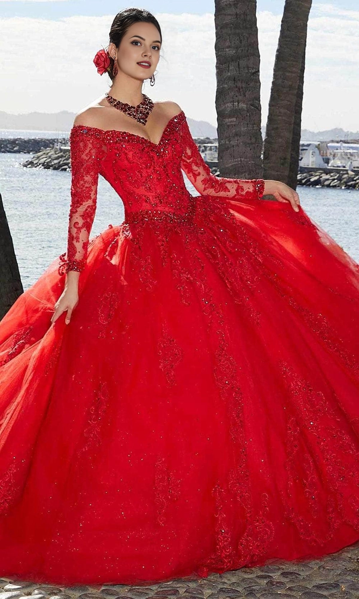Glitter Ballgown Off‑The‑Shoulder Long‑Lace‑Sleeve Corset‑Back Floor‑Length Quinceanera Dress
