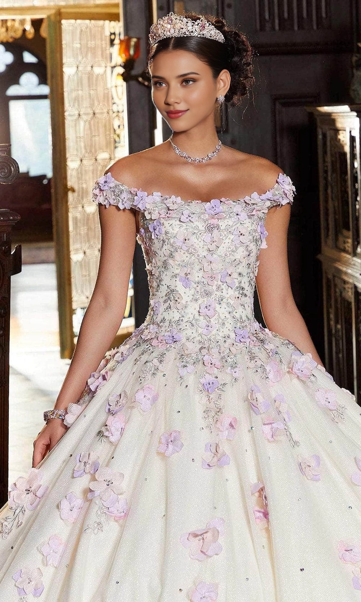 Glitter Ball Gown Off‑Shoulder Sweetheart Short Sleeve Lace‑Up Back Train Length 3D Floral Quinceanera Dress