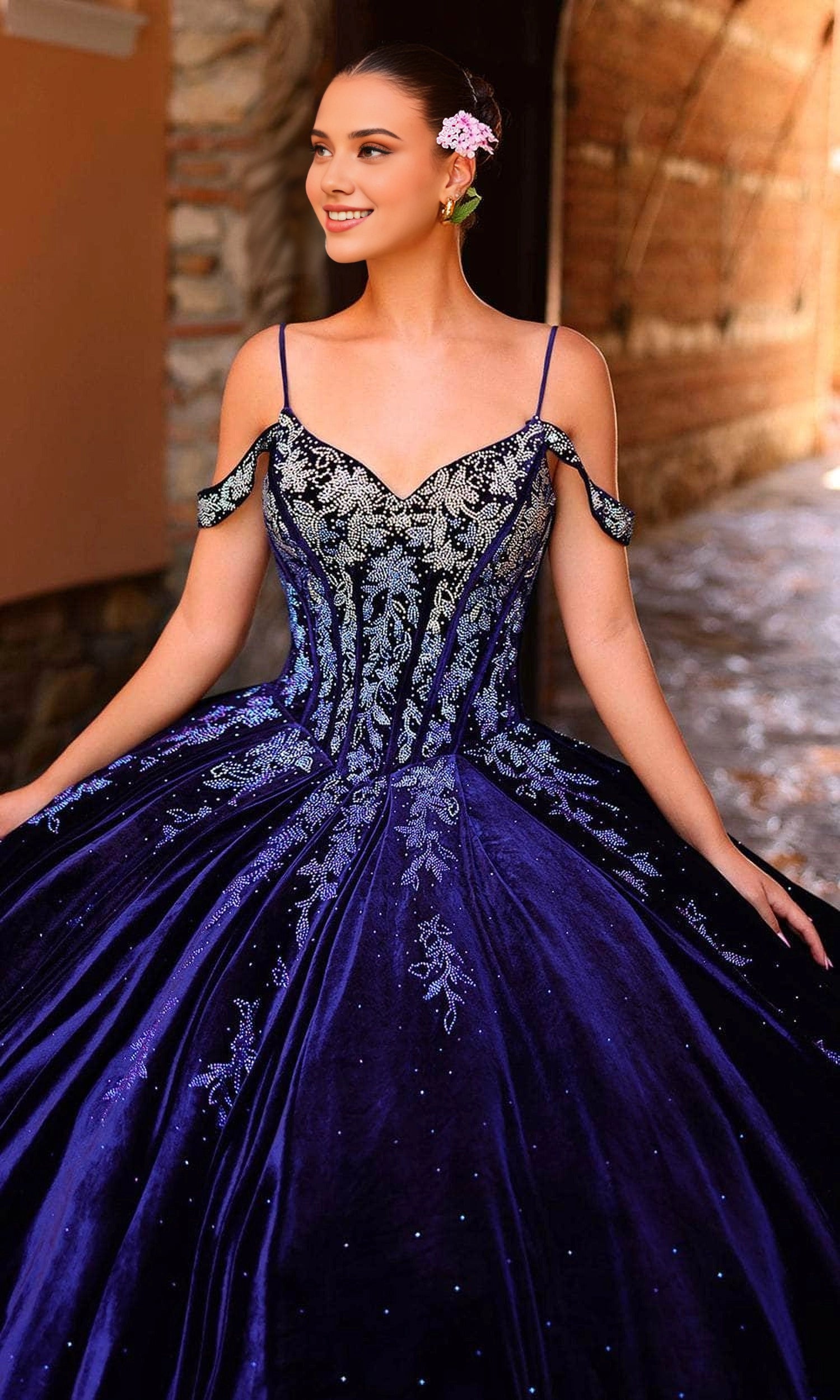 Deep Purple Velvet Ballgown Cold‑Shoulder Corset‑Back Floor‑Train‑Length Quinceanera Dress