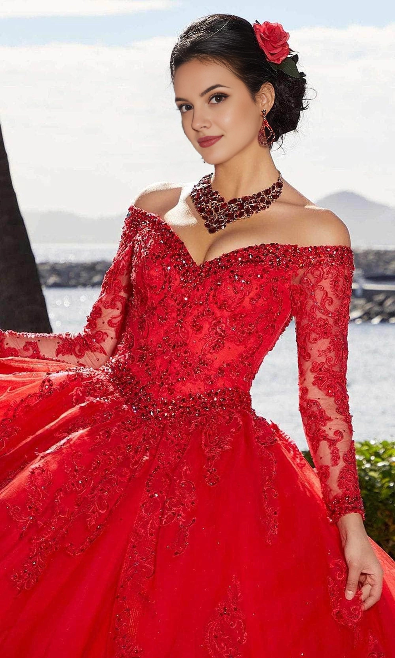Glitter Ballgown Off‑The‑Shoulder Long‑Lace‑Sleeve Corset‑Back Floor‑Length Quinceanera Dress