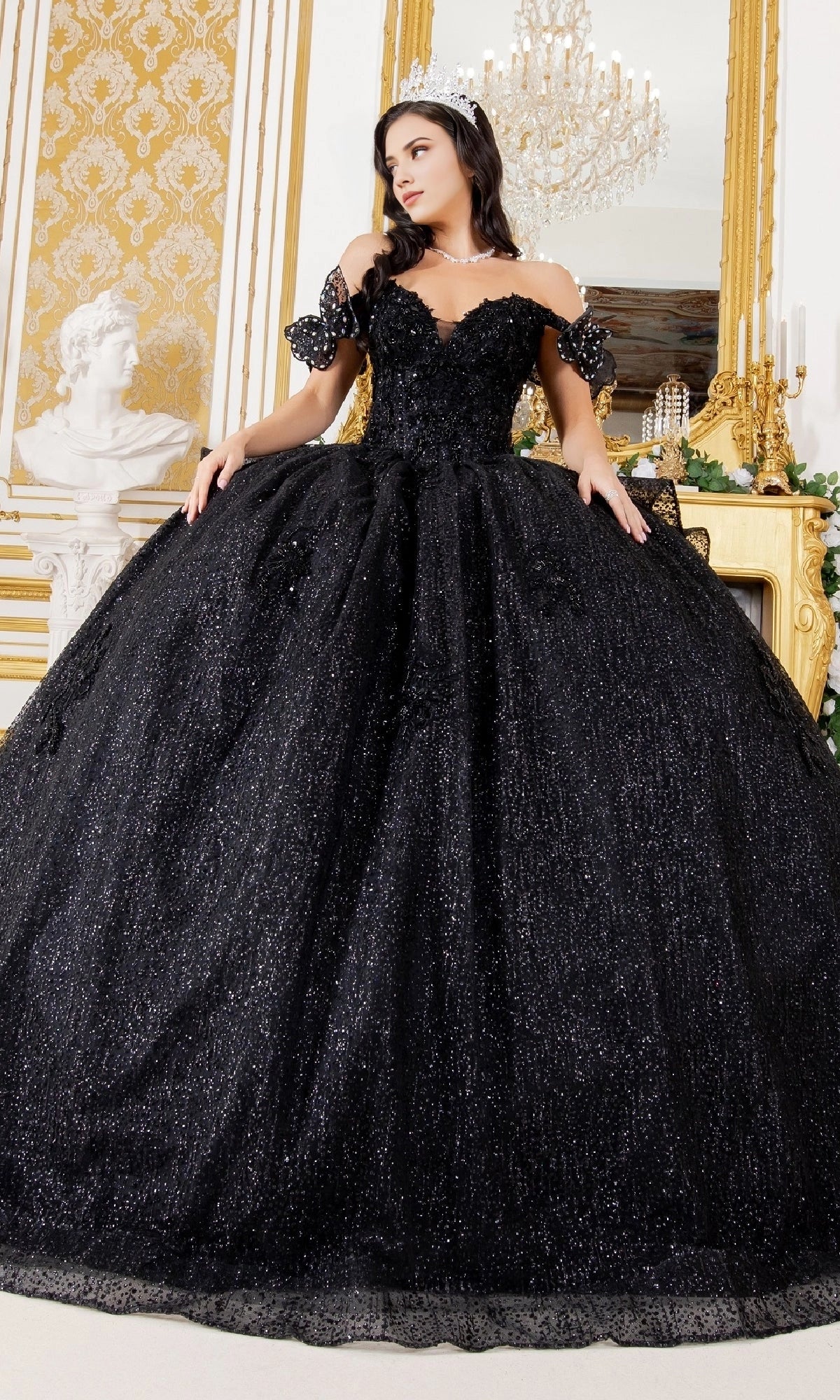 Glamorous Ball Gown Off‑The‑Shoulder Bow Sleeve Corset Back Train Length Glitter Quinceanera Dress