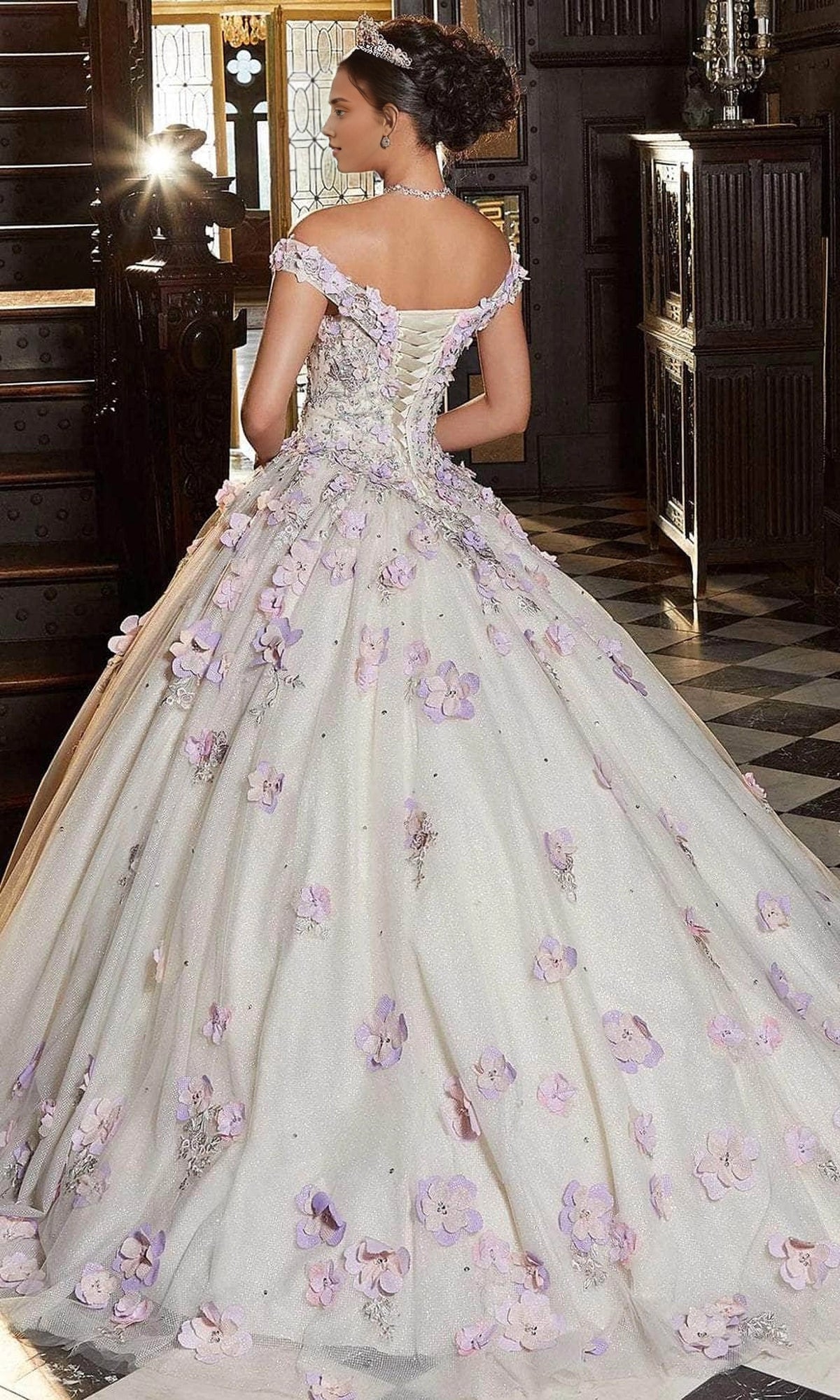 Glitter Ball Gown Off‑Shoulder Sweetheart Short Sleeve Lace‑Up Back Train Length 3D Floral Quinceanera Dress