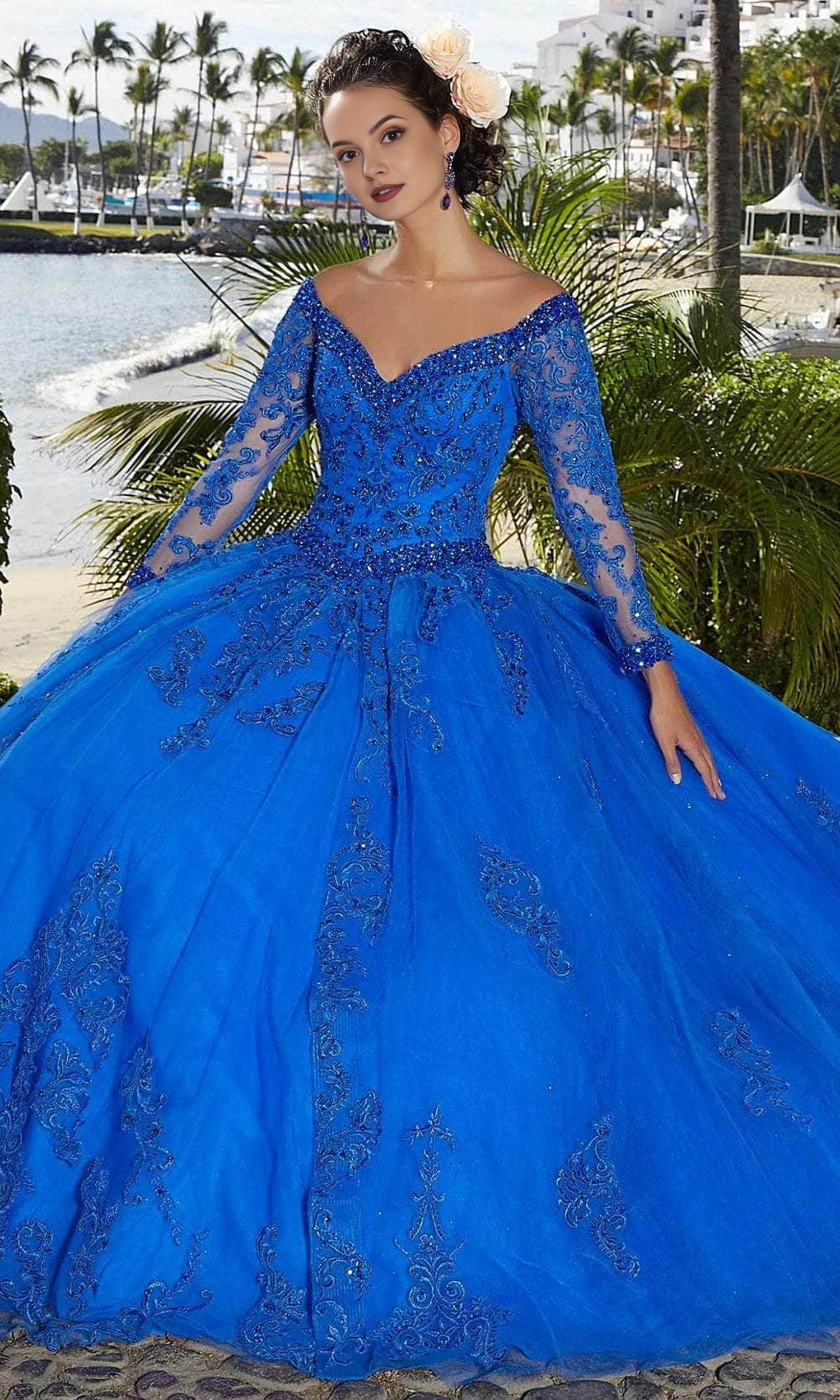 Glitter Ballgown Off‑The‑Shoulder Long‑Lace‑Sleeve Corset‑Back Floor‑Length Quinceanera Dress