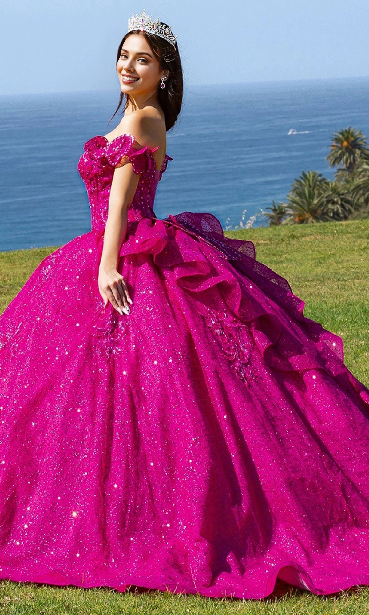 Glamorous Ball Gown Off‑The‑Shoulder Bow Sleeve Corset Back Train Length Glitter Quinceanera Dress