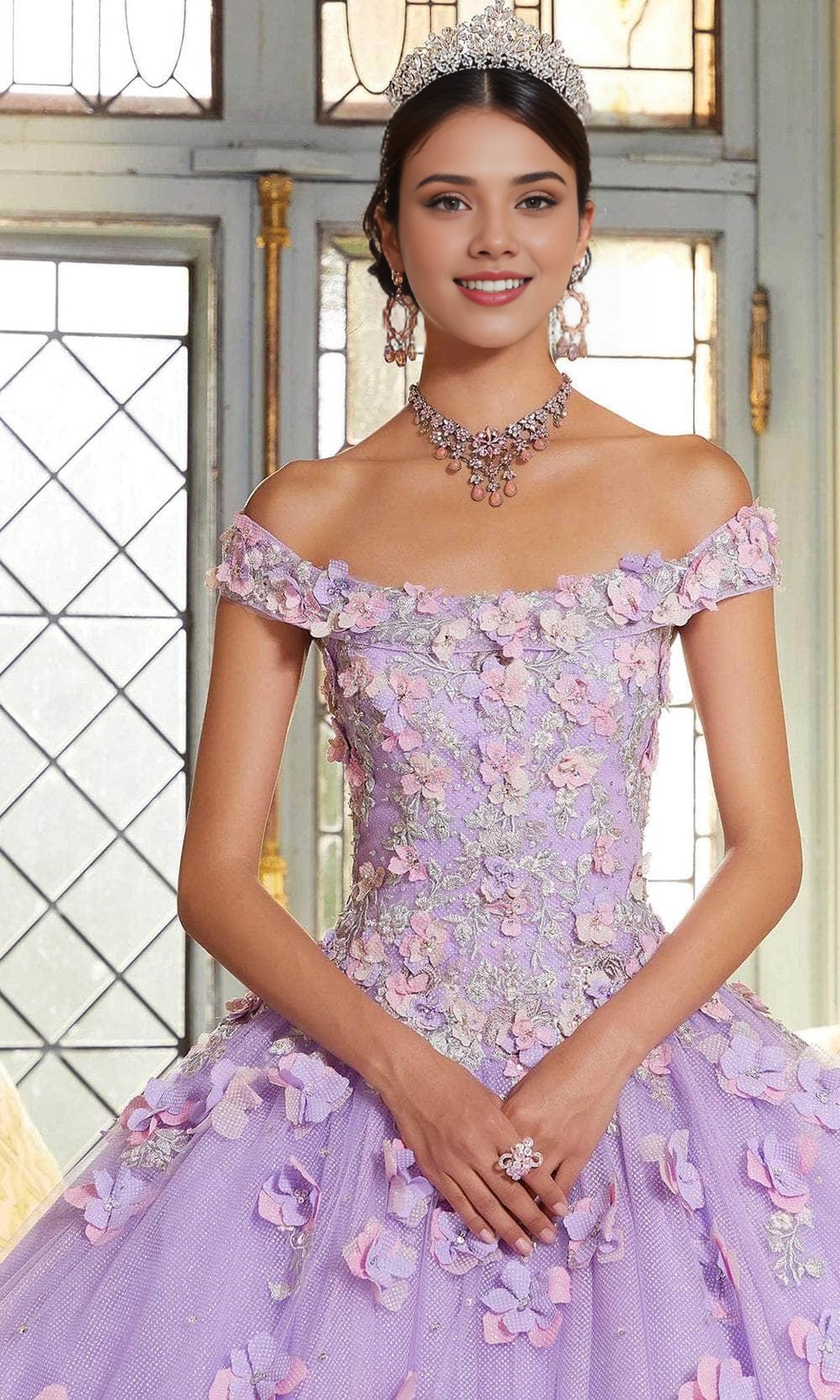Glitter Ball Gown Off‑Shoulder Sweetheart Short Sleeve Lace‑Up Back Train Length 3D Floral Quinceanera Dress