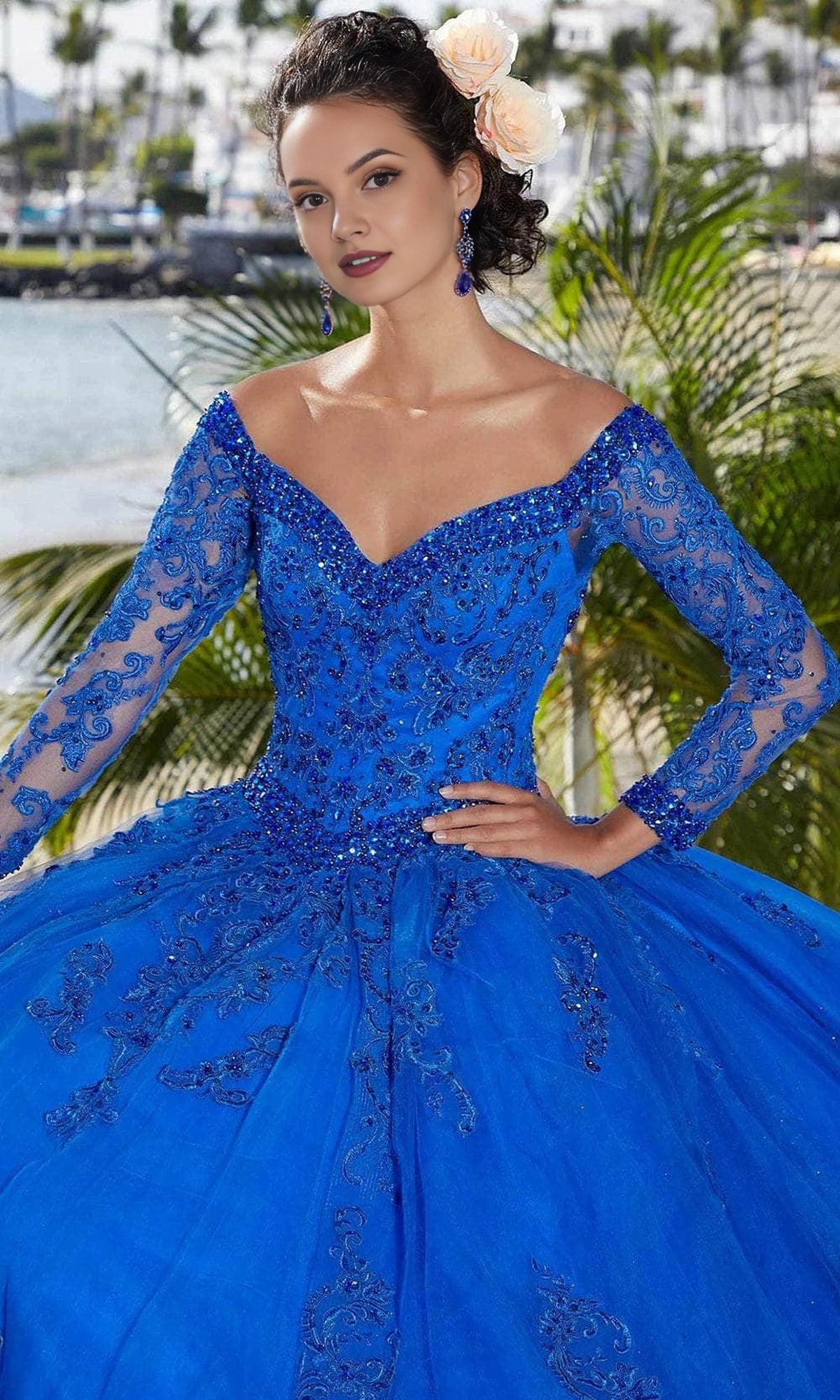 Glitter Ballgown Off‑The‑Shoulder Long‑Lace‑Sleeve Corset‑Back Floor‑Length Quinceanera Dress