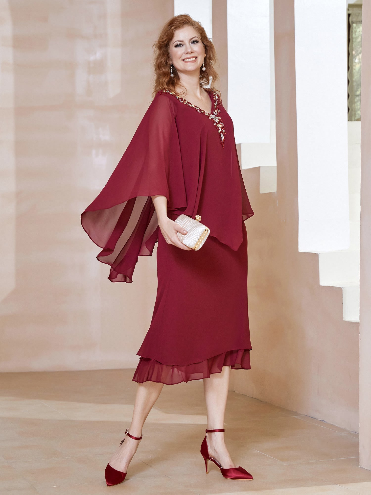 Burgundy V-Neck Beaded Chiffon Dress Cape Overlay Ruffle Hem Midi Mother of the Bride Formal Gown