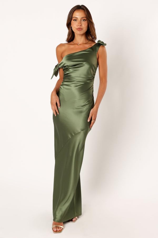 One-Shoulder Bow Detail Satin Ruched Mermaid Floor-Length Bridesmaid Evening Gown