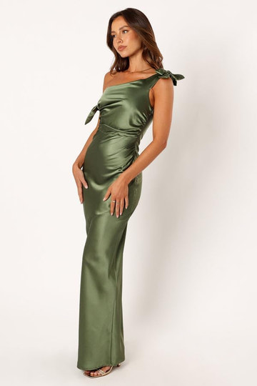 One-Shoulder Bow Detail Satin Ruched Mermaid Floor-Length Bridesmaid Evening Gown
