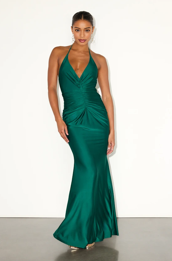 Vestido de sirena con cuello halter y espalda descubierta de satén fruncido maxi vestido de noche