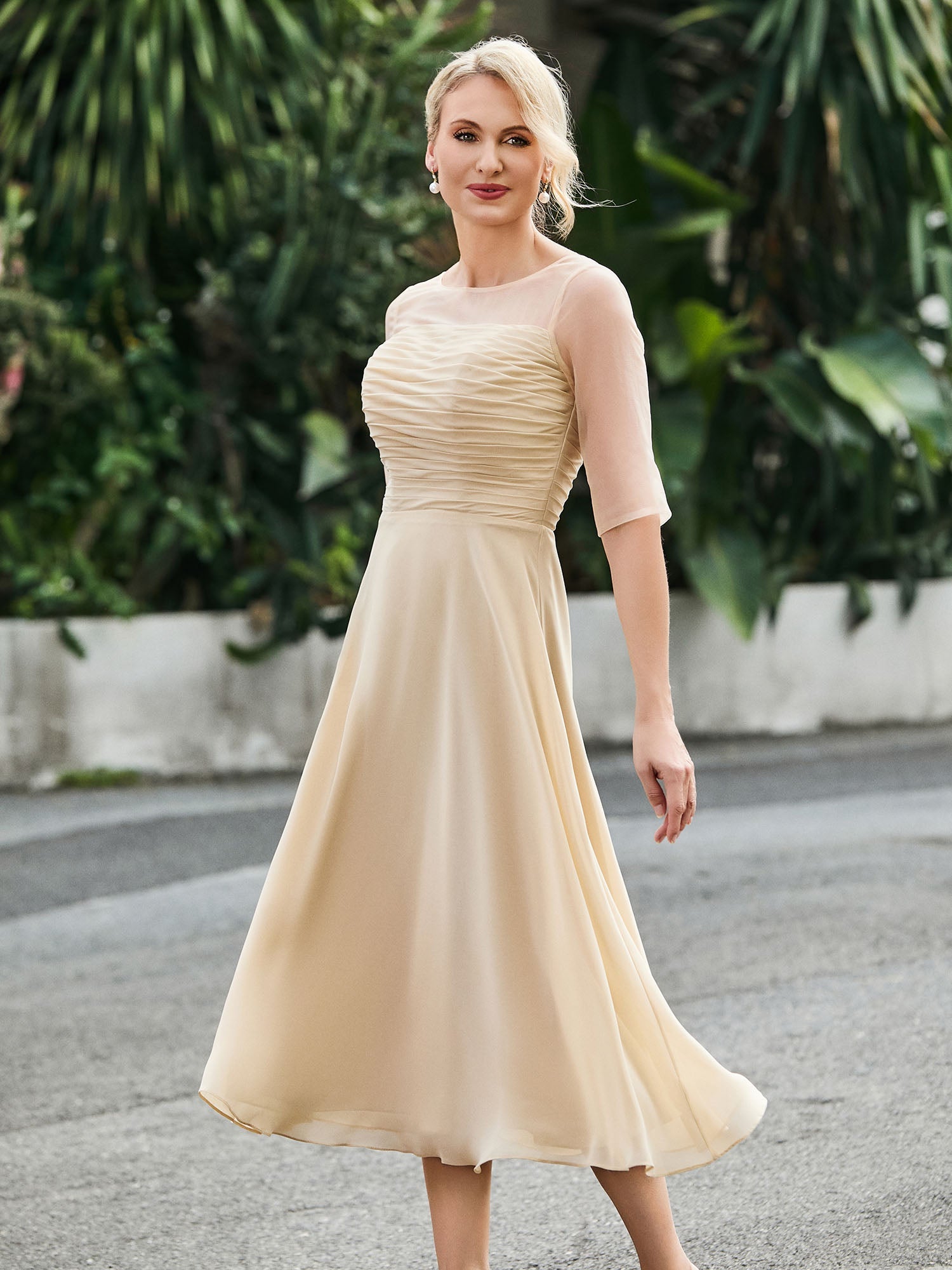Champagne Sheer Illusion Neckline Dress Elbow Sleeves Ruched Bodice Chiffon Midi Mother of the Bride Formal Gown