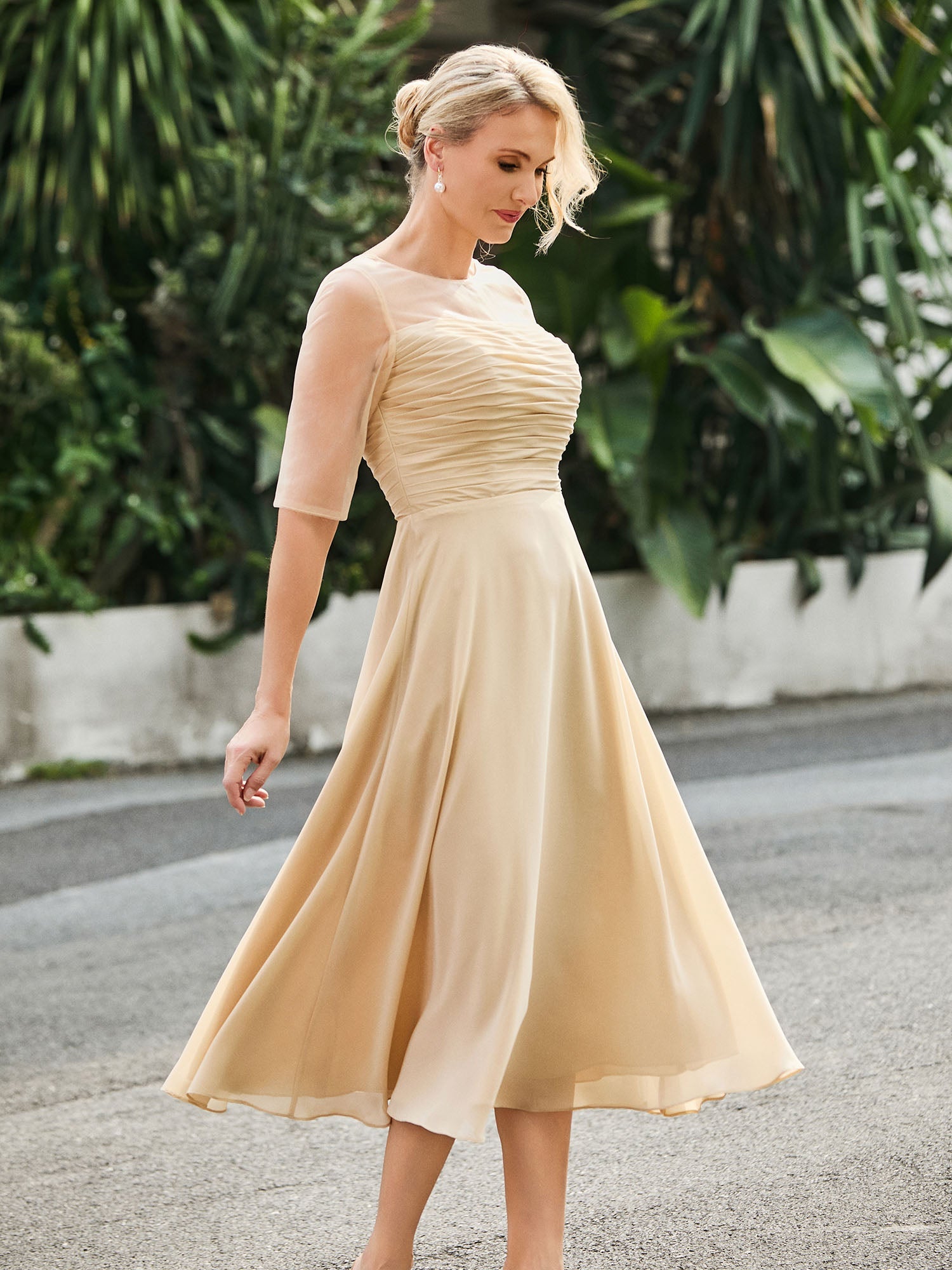 Champagne Sheer Illusion Neckline Dress Elbow Sleeves Ruched Bodice Chiffon Midi Mother of the Bride Formal Gown