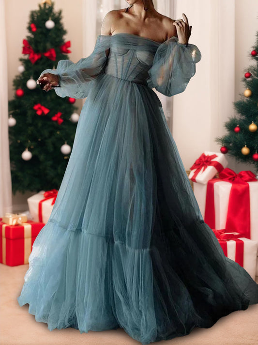 A-Line Off-the-shoulder Sweetheart Floor Length Tulle Prom Dresses Puff Sleeve Lace-Up Maxi Evening Dress