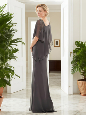 Steel Grey Asymmetrical Neck Beaded Shoulder Dress Chiffon Cape Overlay Floor-Length Mother of the Bride Formal Gown