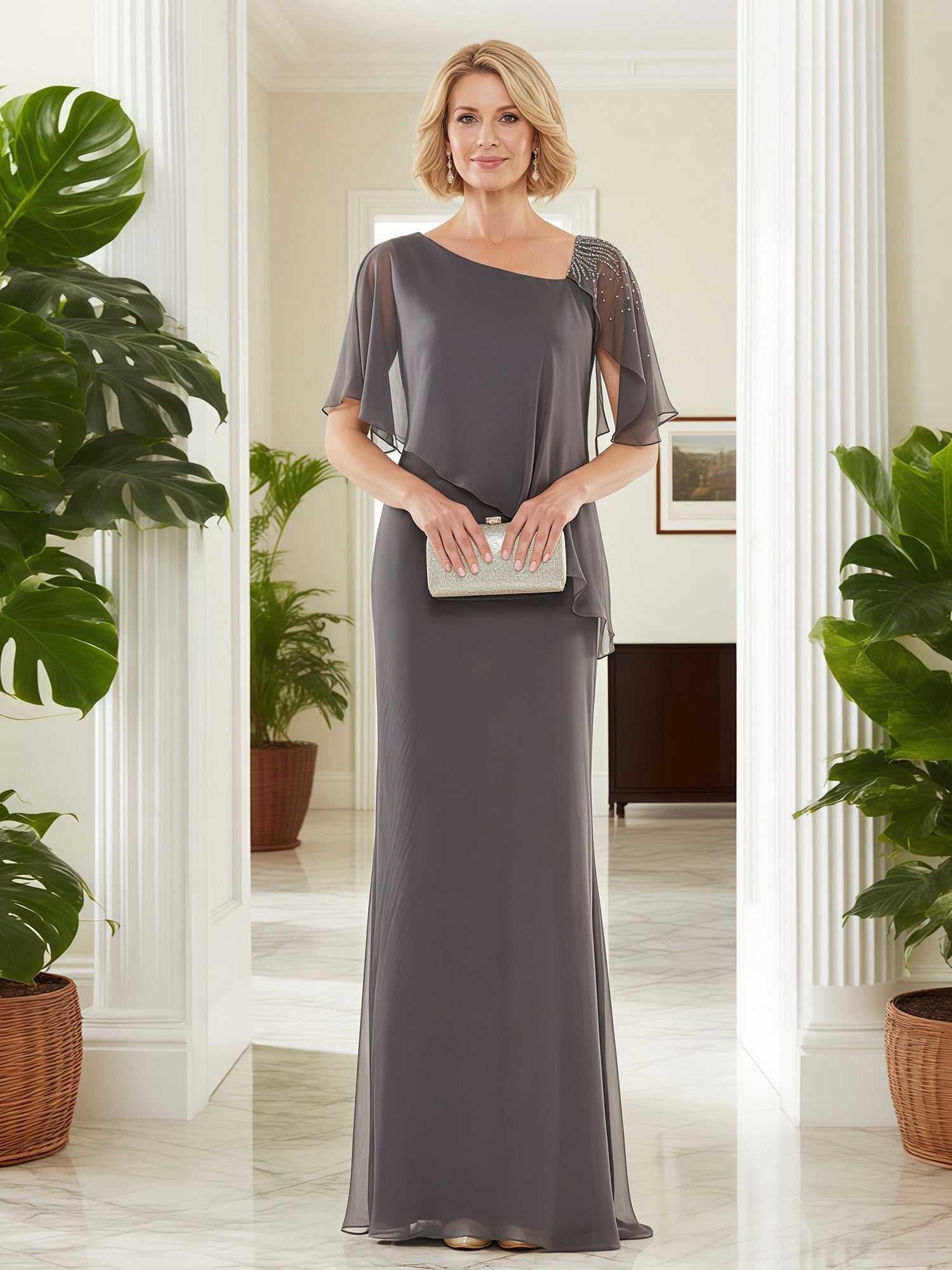 Steel Grey Asymmetrical Neck Beaded Shoulder Dress Chiffon Cape Overlay Floor-Length Mother of the Bride Formal Gown