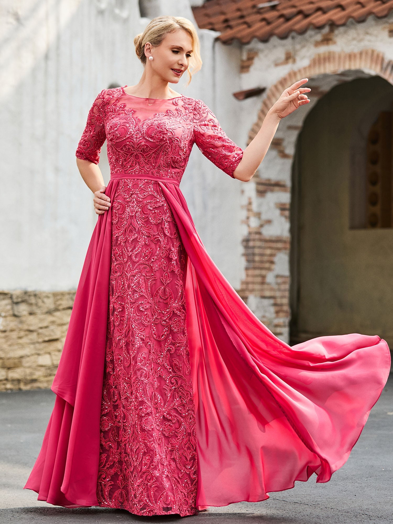 Fuchsia Sheer Neck Elbow Sleeve Dress Lace Appliques Chiffon Overlay Floor-Length Mother of the Bride Formal Gown