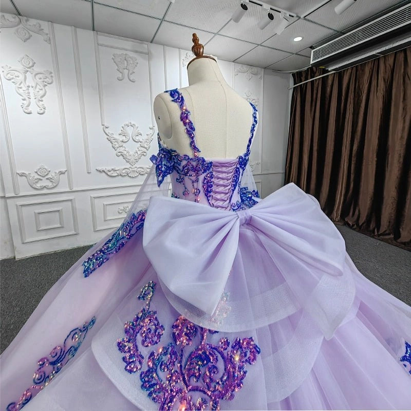 Lavender Off Shoulder Blue Sequin Lace Up Back Quinceañera Dress