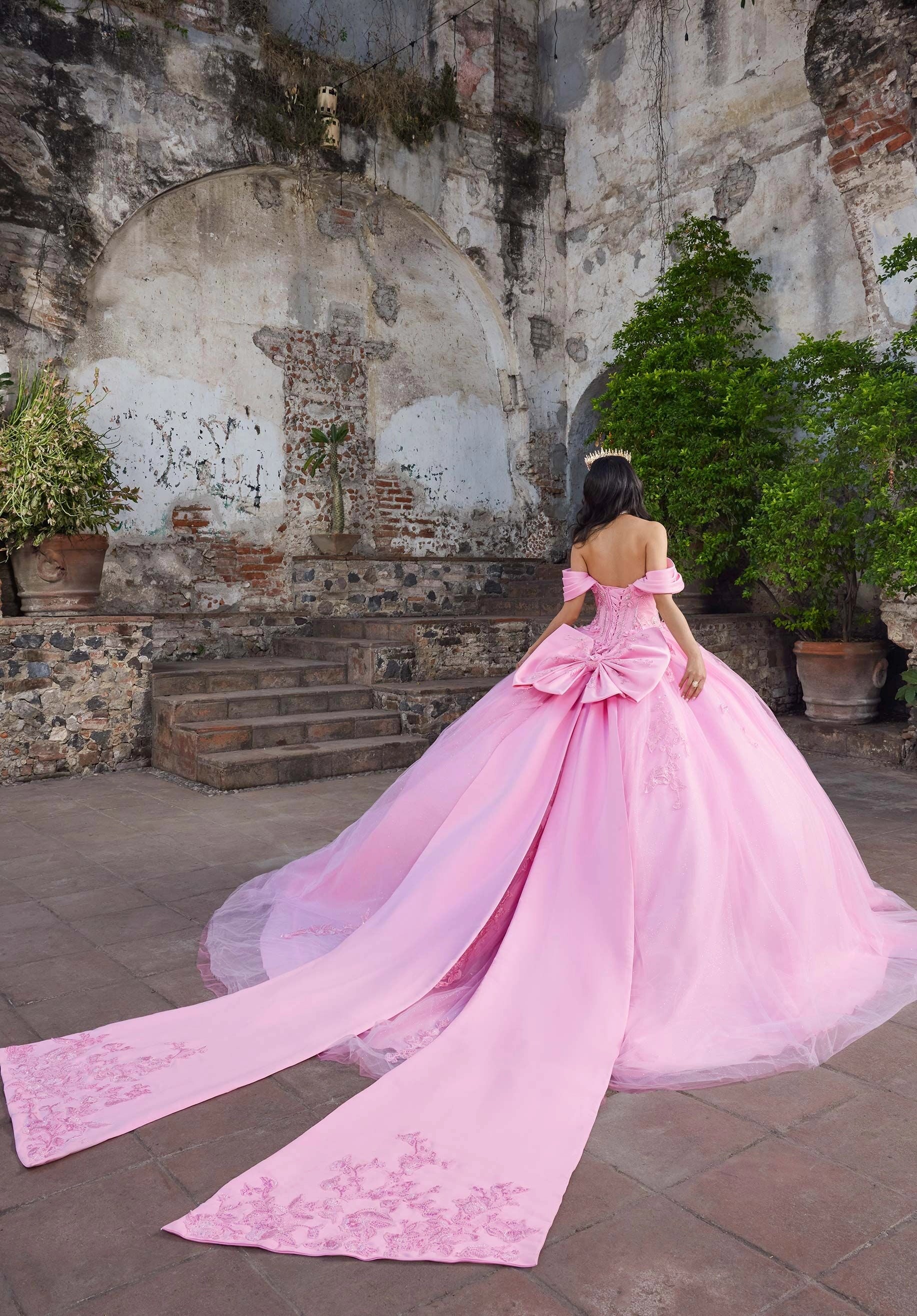 Vedress pink ball gown quince dress lace‑up corset back big bow double satin long train back view