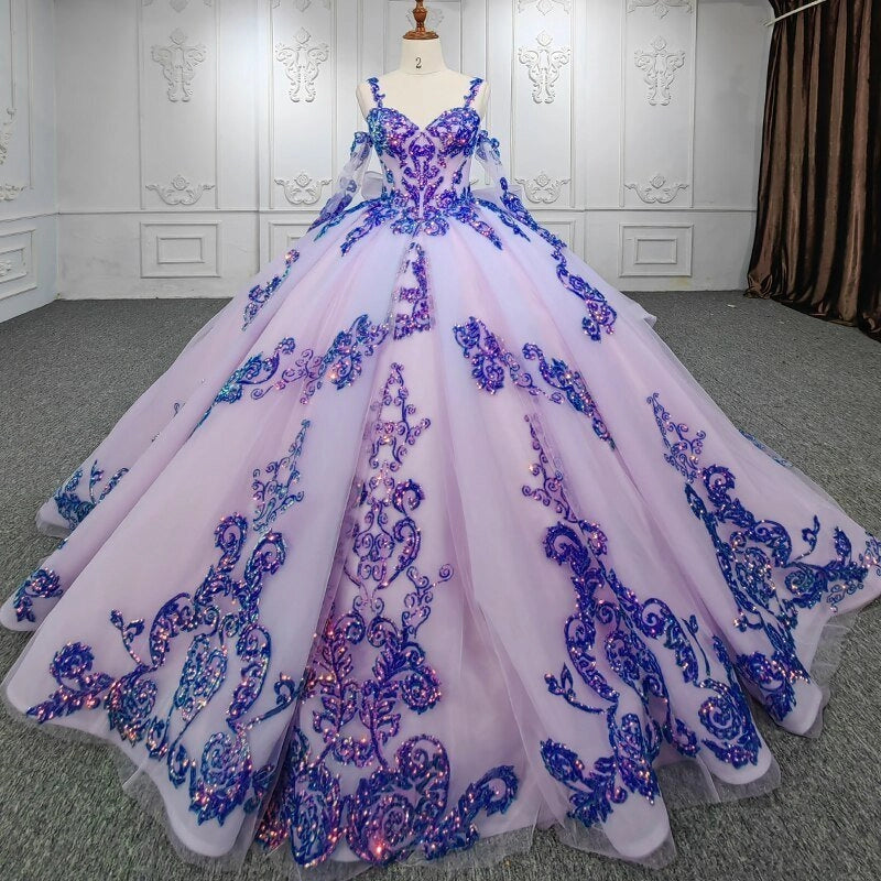 Lavender Off Shoulder Blue Sequin Lace Up Back Quinceañera Dress