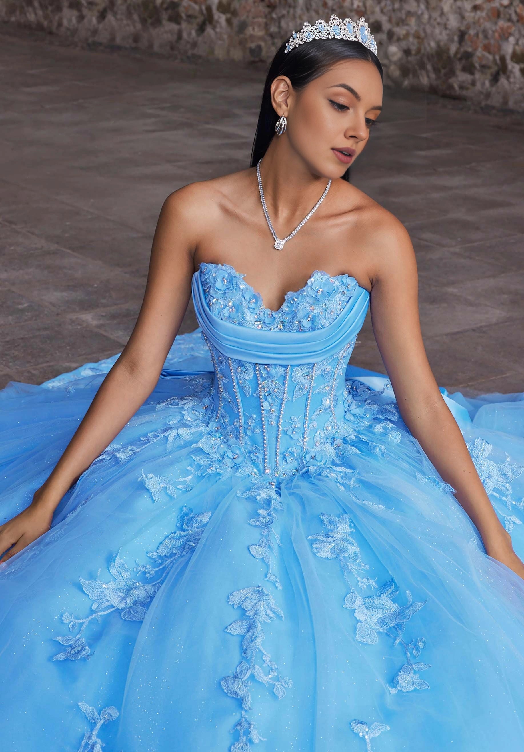 Glitter Tulle Ball Gown Off‑Shoulder Sweetheart Lace‑Up Back Oversized Bow Detachable Long Train Quinceanera Dress