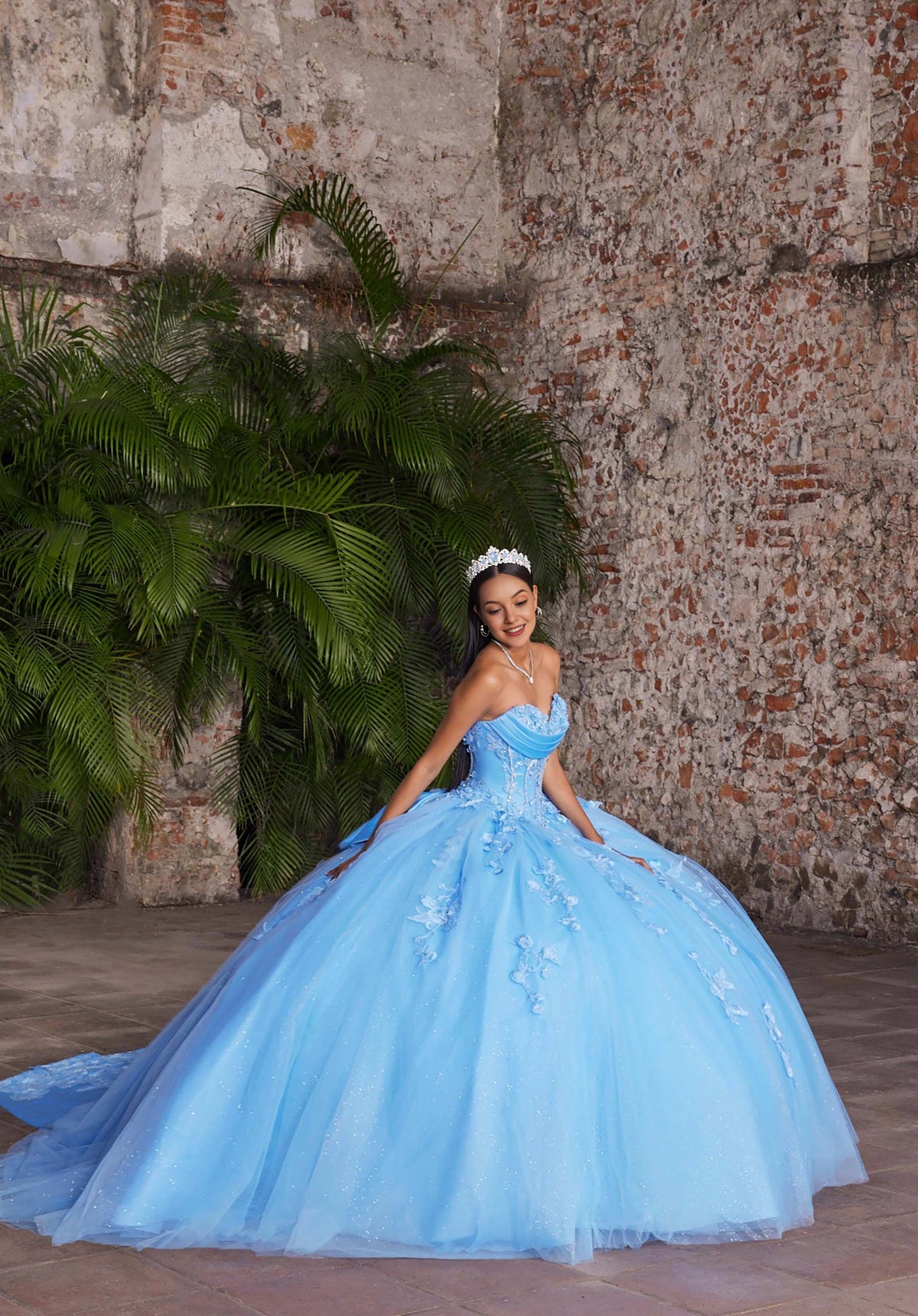 Glitter Tulle Ball Gown Off‑Shoulder Sweetheart Lace‑Up Back Oversized Bow Detachable Long Train Quinceanera Dress