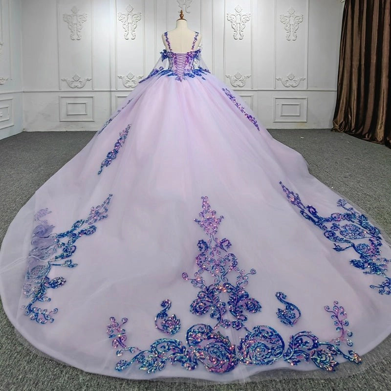 Lavender Off Shoulder Blue Sequin Lace Up Back Quinceañera Dress