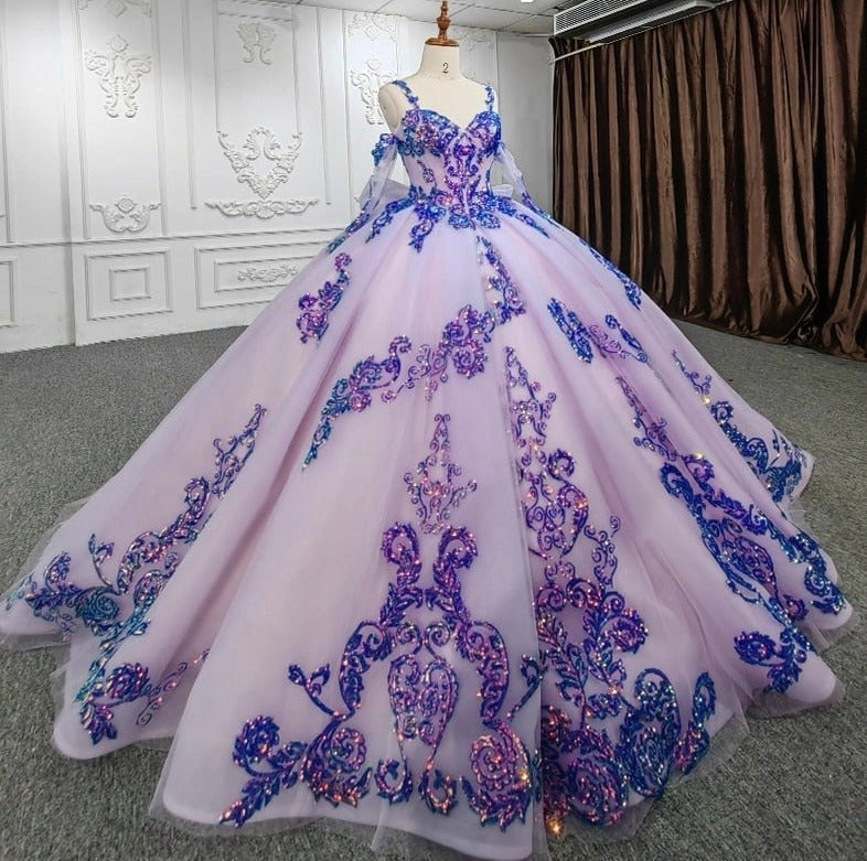 Lavender Off Shoulder Blue Sequin Lace Up Back Quinceañera Dress