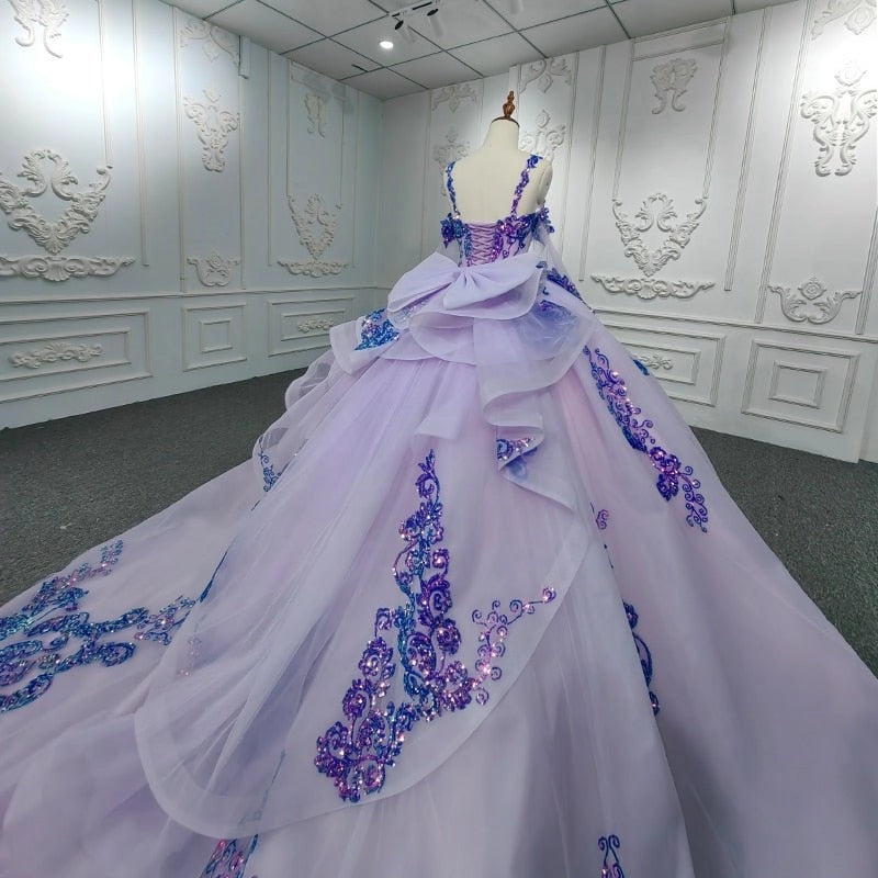 Lavender Off Shoulder Blue Sequin Lace Up Back Quinceañera Dress
