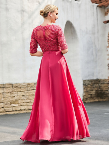 Fuchsia Sheer Neck Elbow Sleeve Dress Lace Appliques Chiffon Overlay Floor-Length Mother of the Bride Formal Gown