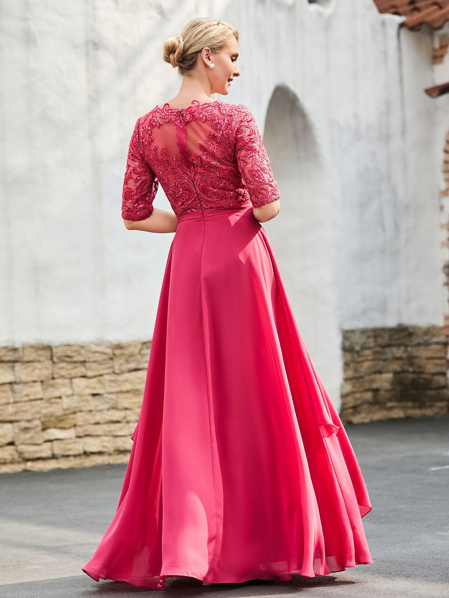 Fuchsia Sheer Neck Elbow Sleeve Dress Lace Appliques Chiffon Overlay Floor-Length Mother of the Bride Formal Gown
