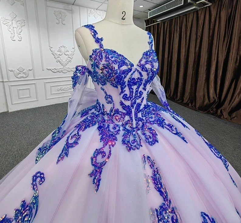 Lavender Off Shoulder Blue Sequin Lace Up Back Quinceañera Dress