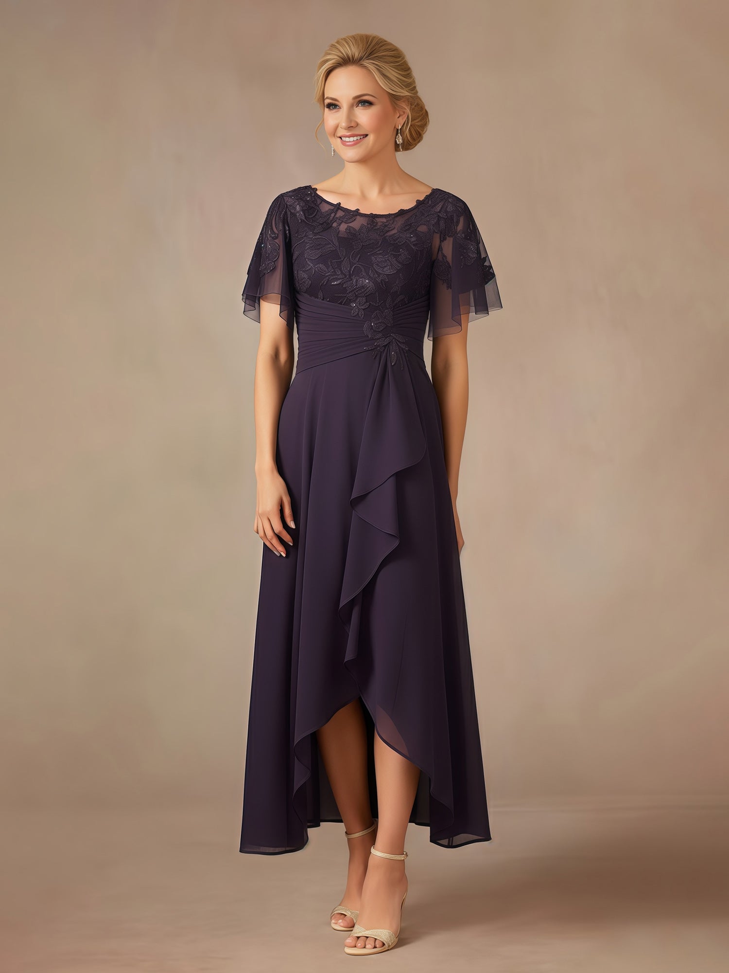 Elegant Plum Purple Lace Chiffon Mother of the Bride Dress with Flutter Sleeves & High Low Hem
