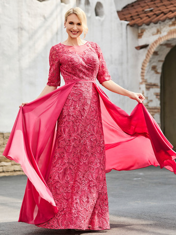 Fuchsia Sheer Neck Elbow Sleeve Dress Lace Appliques Chiffon Overlay Floor-Length Mother of the Bride Formal Gown