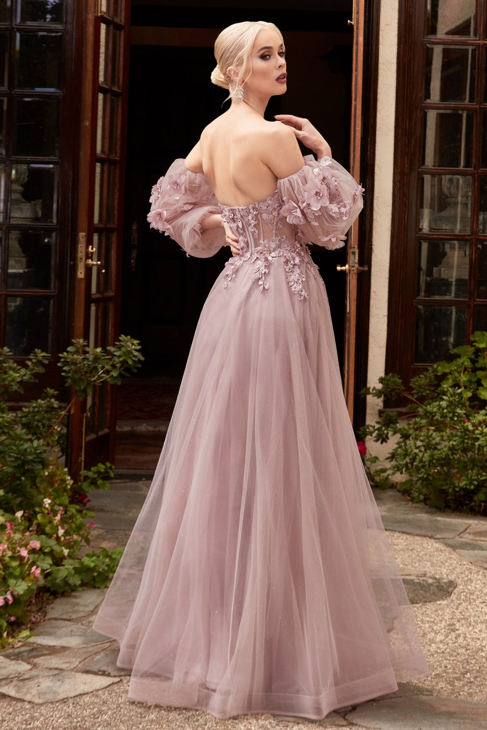 Evening Dresses Off-the-Shoulder Floral Applique Tulle Gown - Sheer Long Sleeve Formal Prom Dress