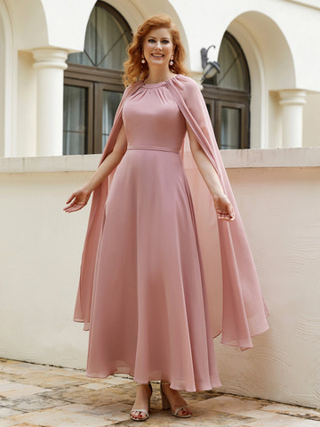 Elegant Dusty Rose Mother of the Bride Dress Round Neck Chiffon Cape Overlay, Flowy A-Line Floor-Length Gown