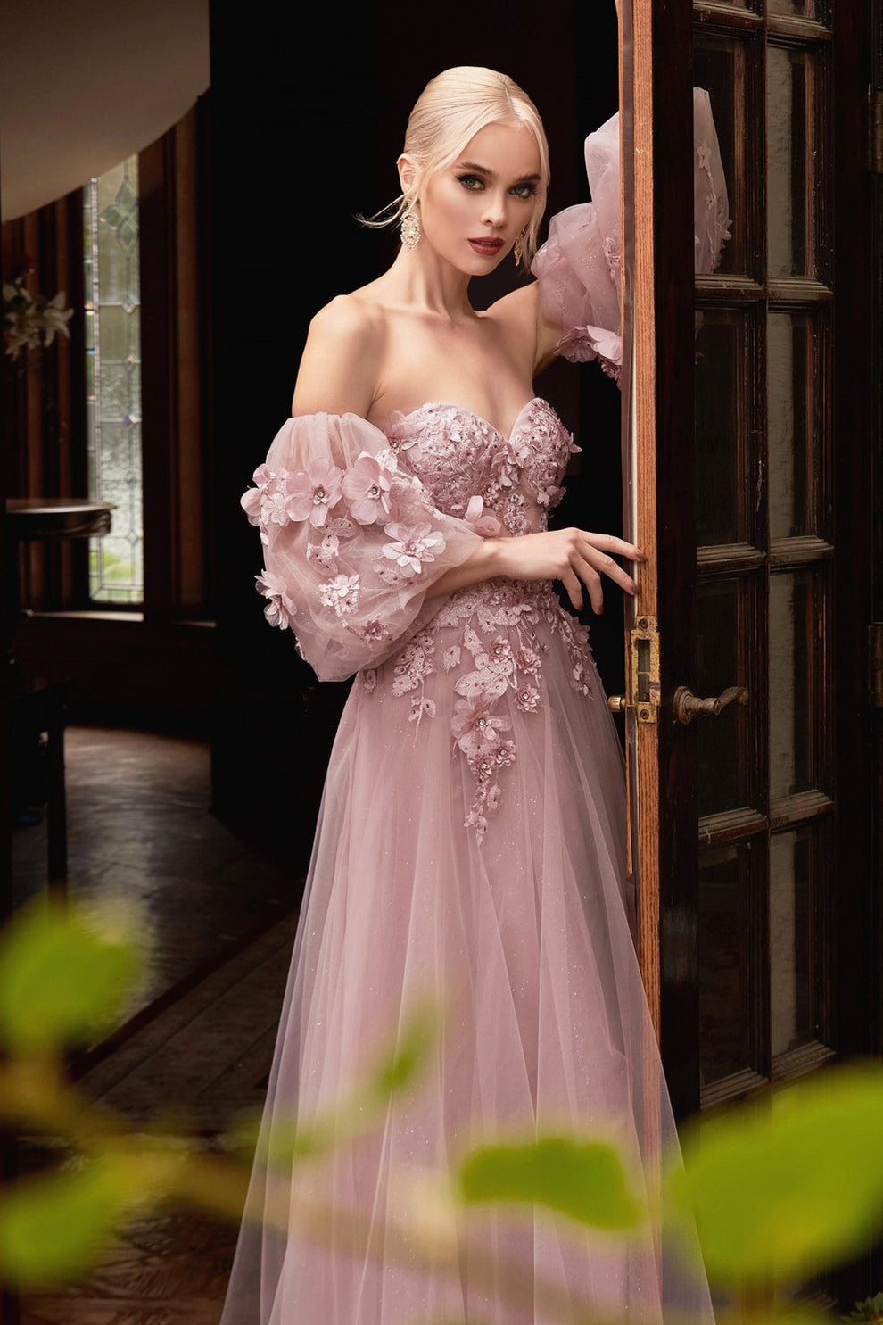 Evening Dresses Off-the-Shoulder Floral Applique Tulle Gown - Sheer Long Sleeve Formal Prom Dress