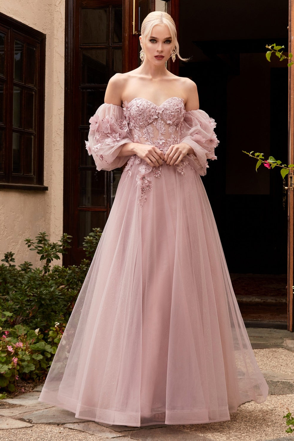 Evening Dresses Off-the-Shoulder Floral Applique Tulle Gown - Sheer Long Sleeve Formal Prom Dress