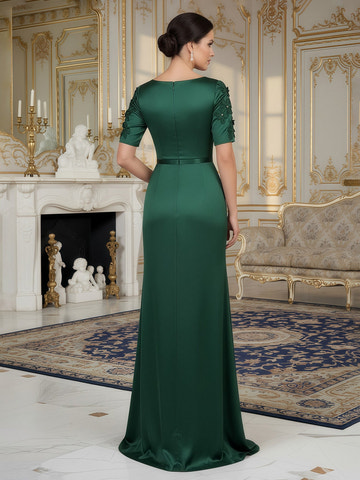 Dark Green Deep V-Neck Floral Appliqué Dress Satin Mermaid Slit Floor-Length Mother of the Bride Formal Gown