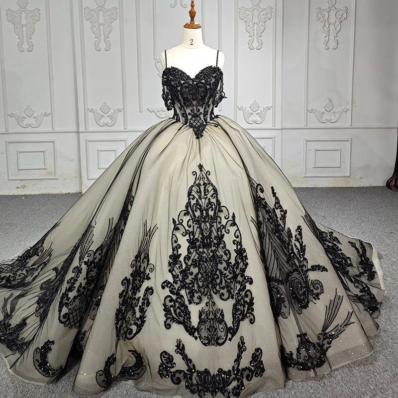 Ballgown Sweetheart Off Shoulder Lace Sleeve Lace-up Back Sweep Train