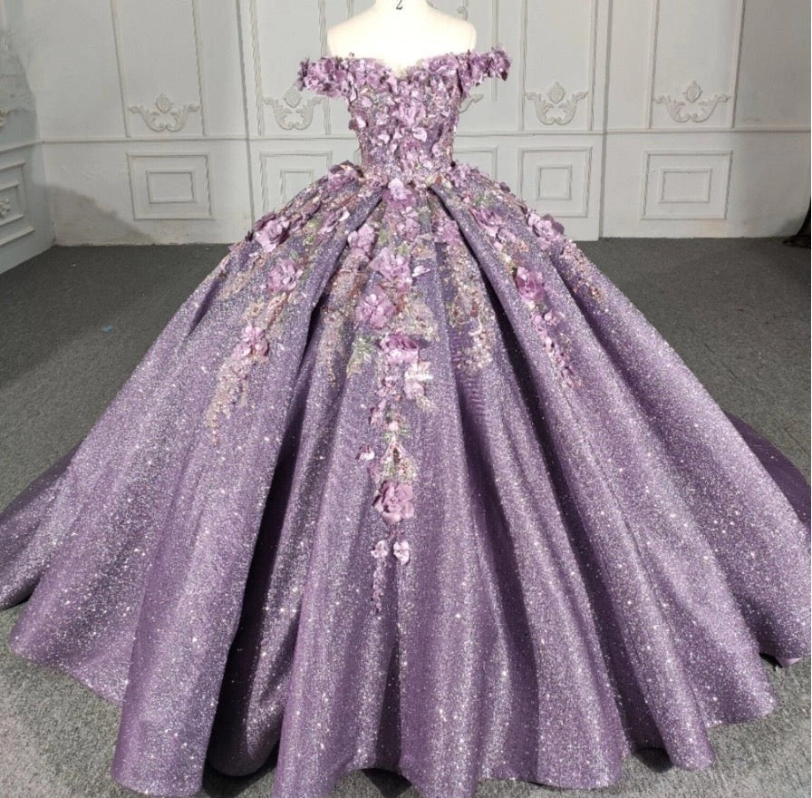 Lavender Off Shoulder 3D Floral Lace Up Back Quinceañera Dress
