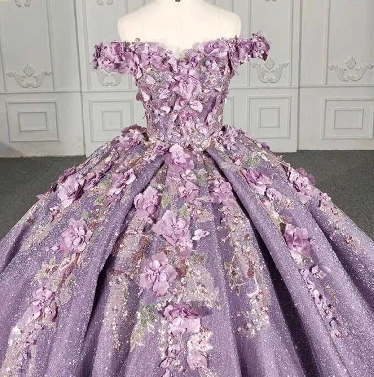 Lavender Off Shoulder 3D Floral Lace Up Back Quinceañera Dress