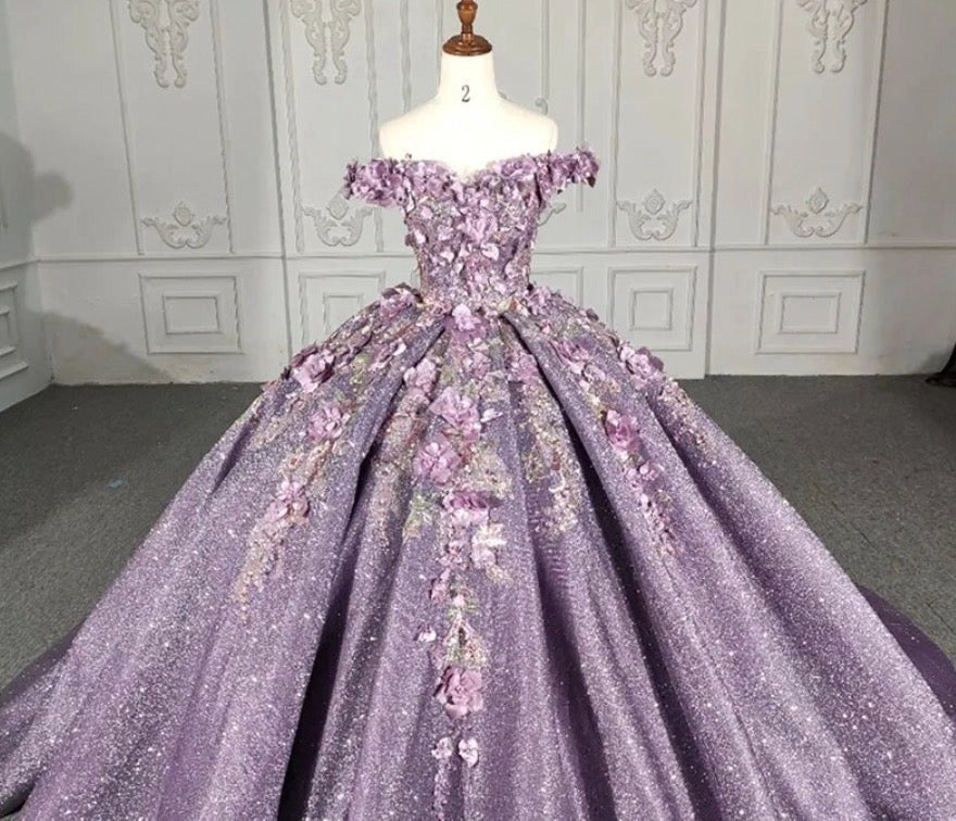 Lavender Off Shoulder 3D Floral Lace Up Back Quinceañera Dress