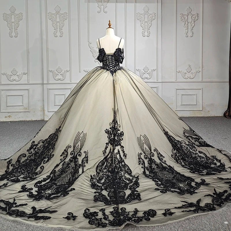 Ballgown Sweetheart Off Shoulder Lace Sleeve Lace-up Back Sweep Train