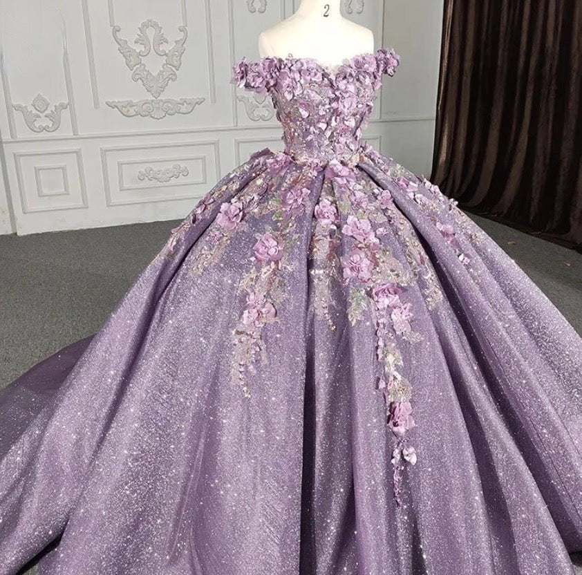 Lavender Off Shoulder 3D Floral Lace Up Back Quinceañera Dress