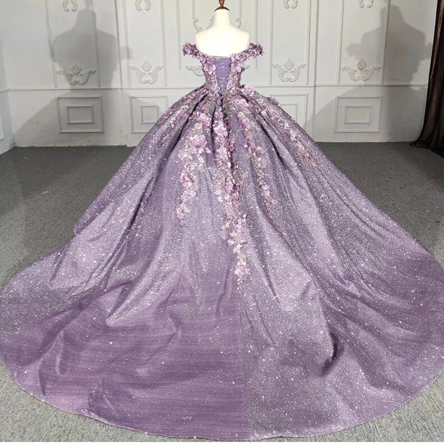 Lavender Off Shoulder 3D Floral Lace Up Back Quinceañera Dress