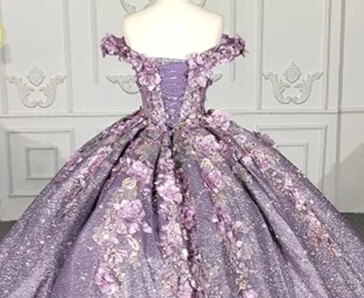 Lavender Off Shoulder 3D Floral Lace Up Back Quinceañera Dress