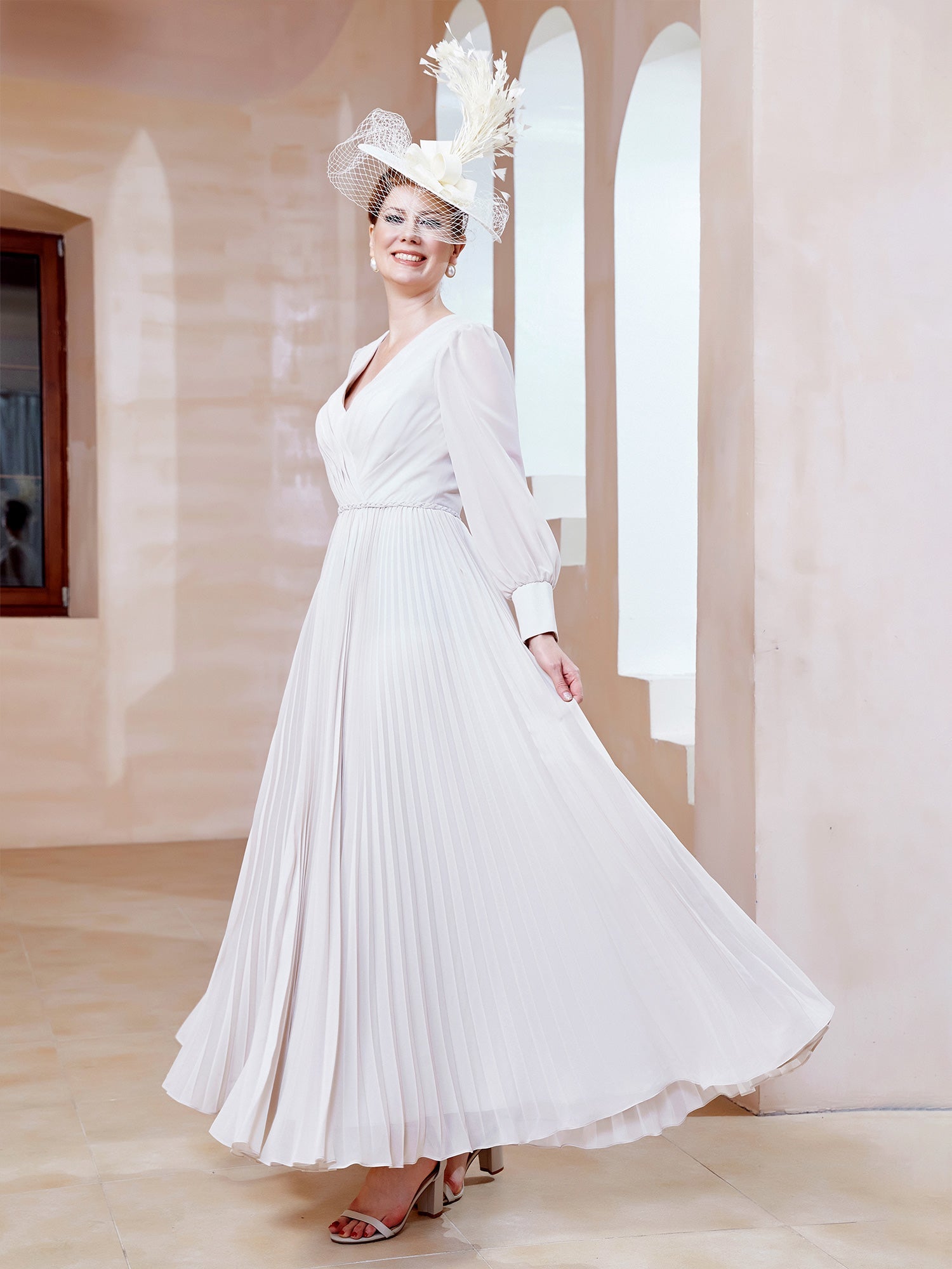 Ivory V-Neck Sheer Puff Sleeve Dress - Pleated Chiffon Mother of the Bride Formal Gown