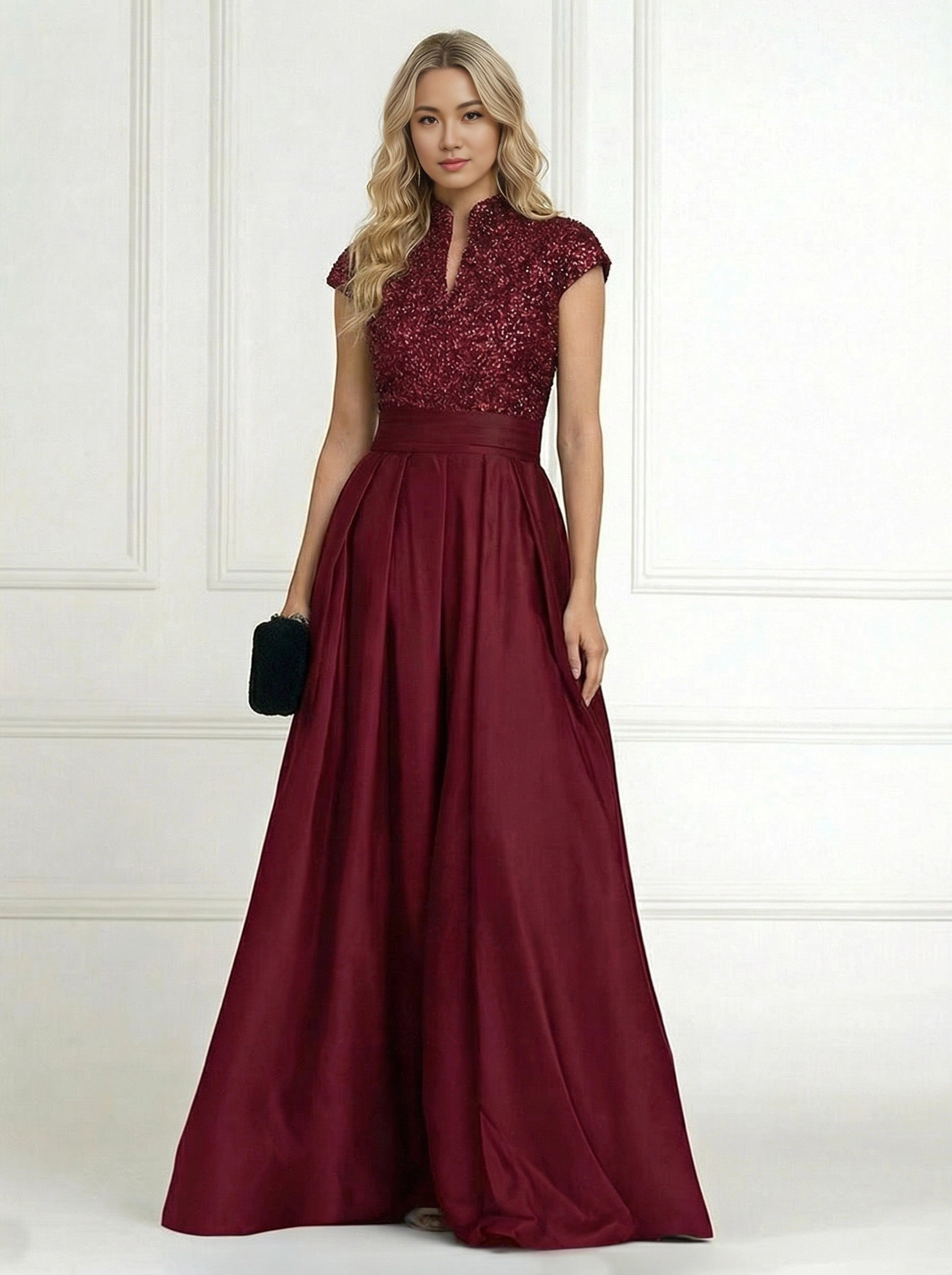 Luxury A-Line High-Neck Cap-Sleeve Zip-Back Floor-Length Plus Size Mother of the Bride Dress